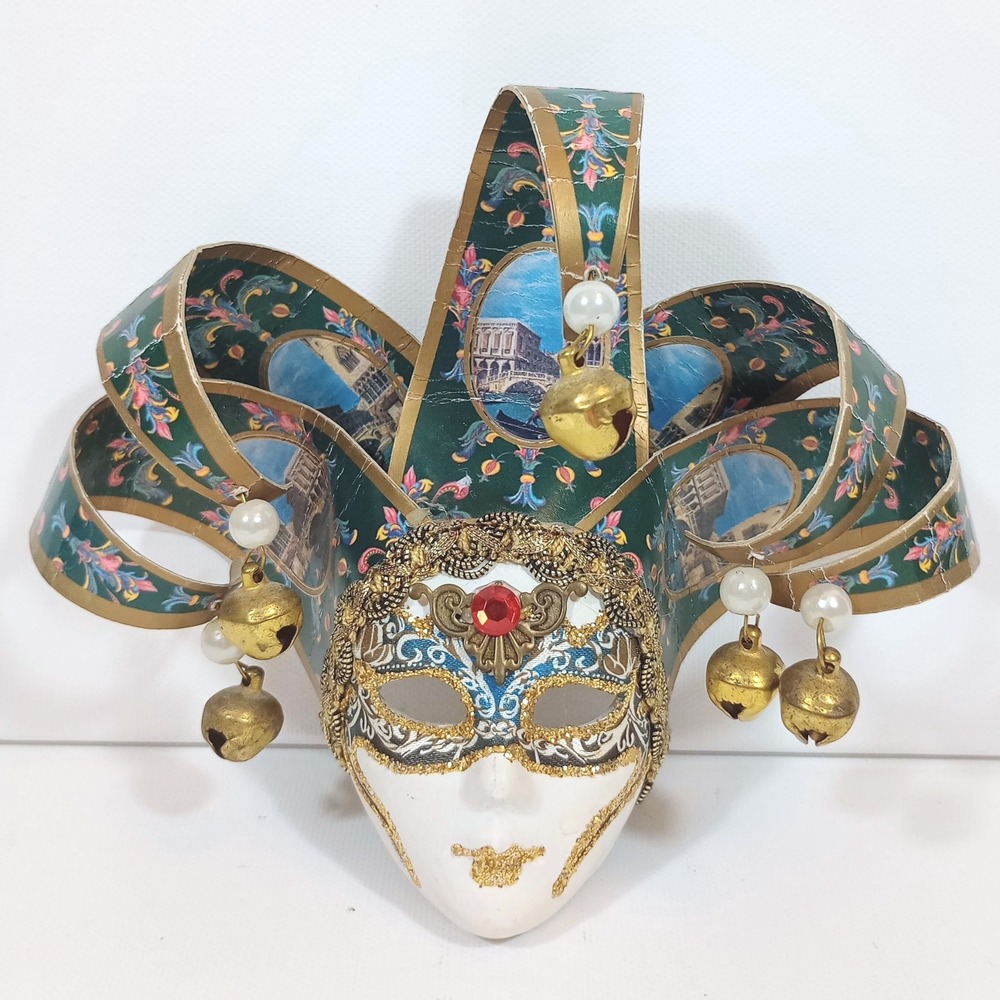 Venetian Jester Mask Set 3pc Ceramic Gold Bells Ribbon Wall Decor Art Italy